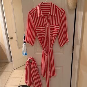 Red and White Striped Shirt Dress and pants.
